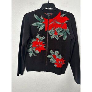 Boston Proper Womens XS Black Knit Zip-Up Cardigan Red Poinsettia Embellishments